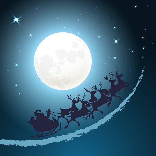 santa his sleigh christmas background riding through twilight blue sky front full moon with twinkling stars vector card design square forma
