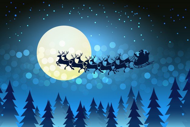 christmas background with santa driving his sleigh across face moon starry cold winter night surrounded by bokeh sparkling lights stars copyspace